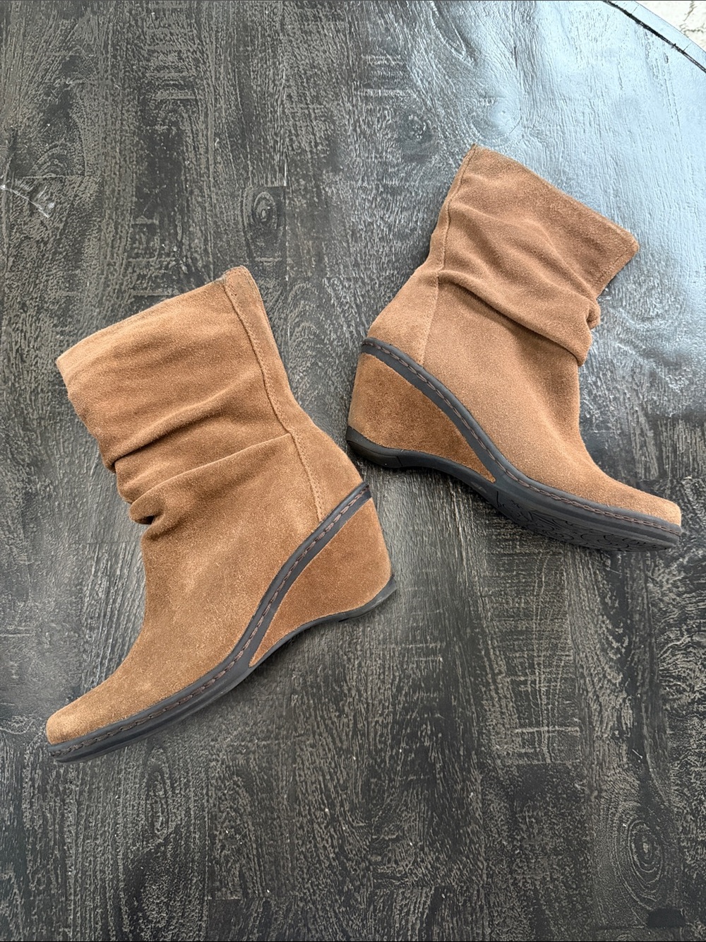 Women’s Tan Suede Wedge Ankle Boots - Casual Slouchy Style